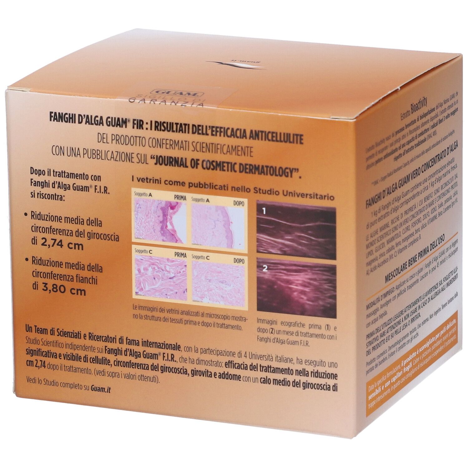 Confezione di GUAM® Algenschlamm. Scatola quadrata, arancione. Testo: Risultati, Journal of Cosmetic Dermatology, diagrammi.