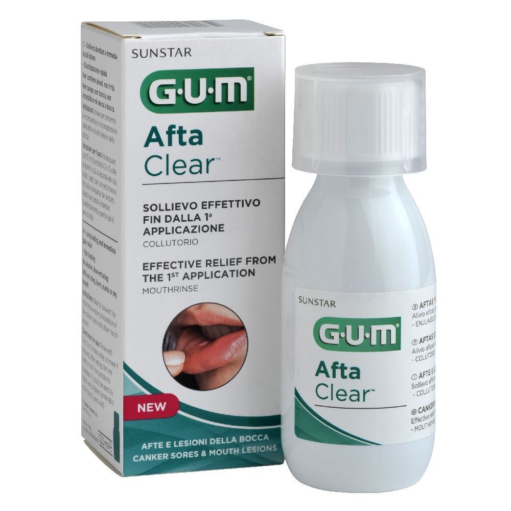 G.U.M Afta Clear collutorio e confezione. Flacone bianco con etichetta verde. Scatola con immagine del prodotto e testo.