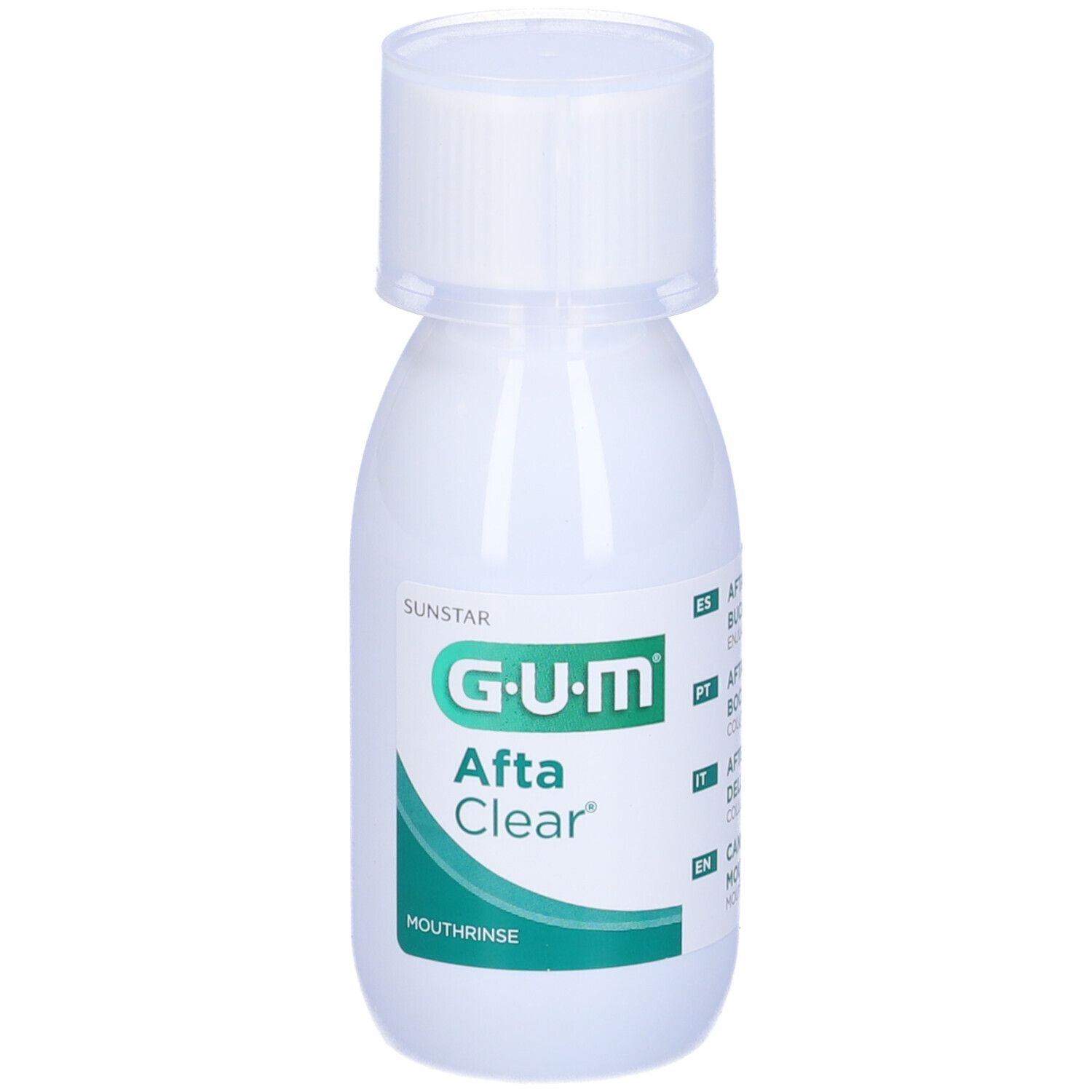 G.U.M Afta Clear collutorio. Flacone bianco con tappo bianco ed etichetta verde. Vista del prodotto.