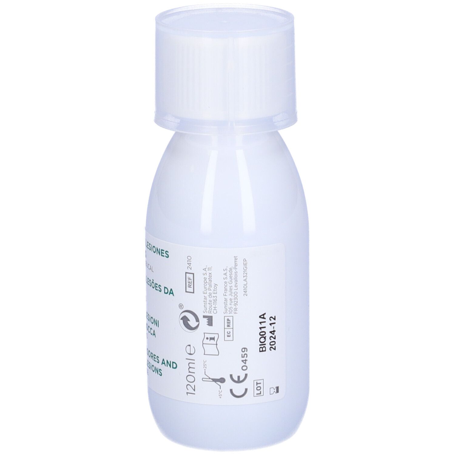 G.U.M Afta Clear collutorio. Flacone bianco con tappo bianco. Retro con testo, codici e marchio CE.