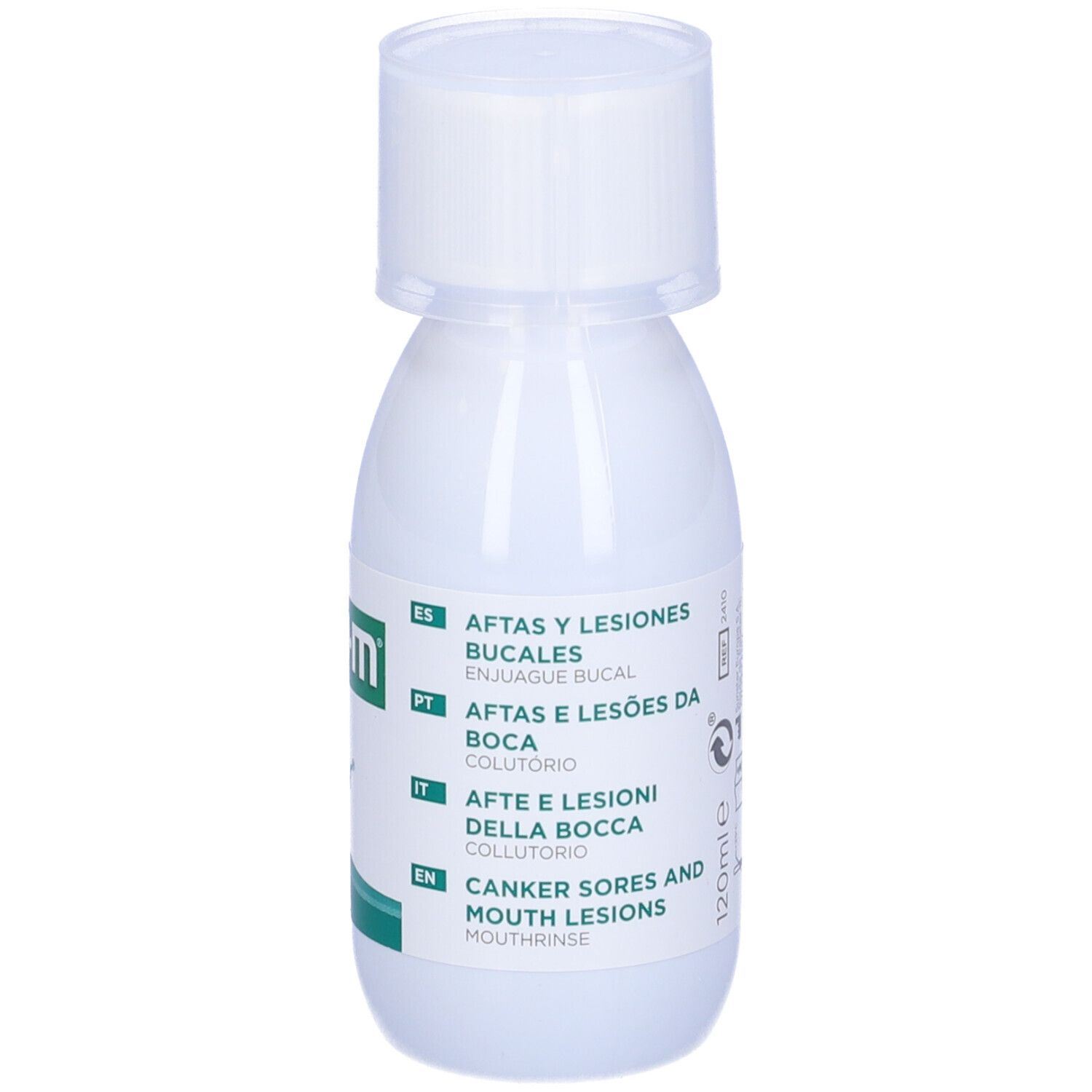 G.U.M Afta Clear collutorio. Flacone bianco con tappo bianco. Etichetta con testo multilingue.