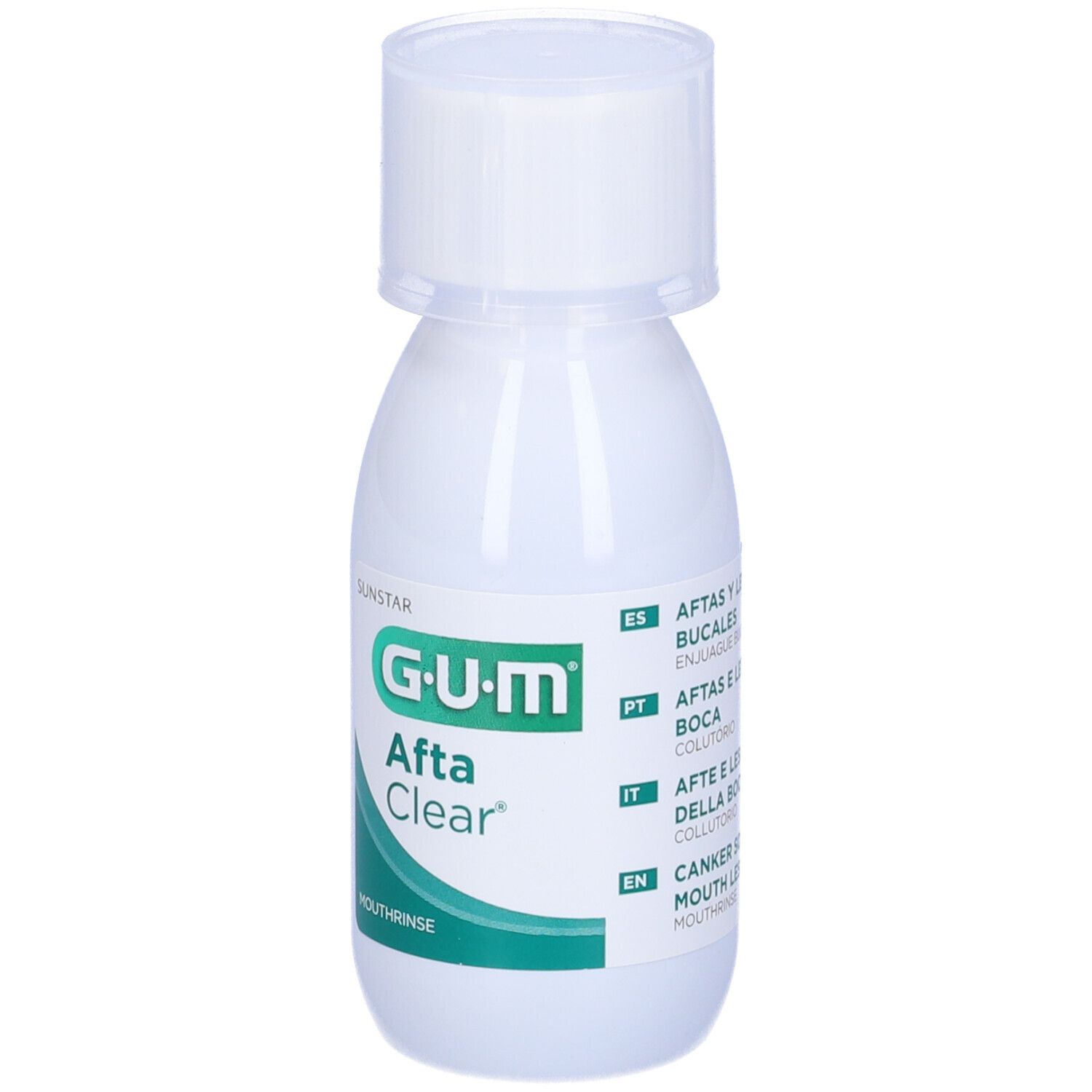 G.U.M Afta Clear collutorio. Flacone bianco con tappo bianco ed etichetta verde. Vista del prodotto.