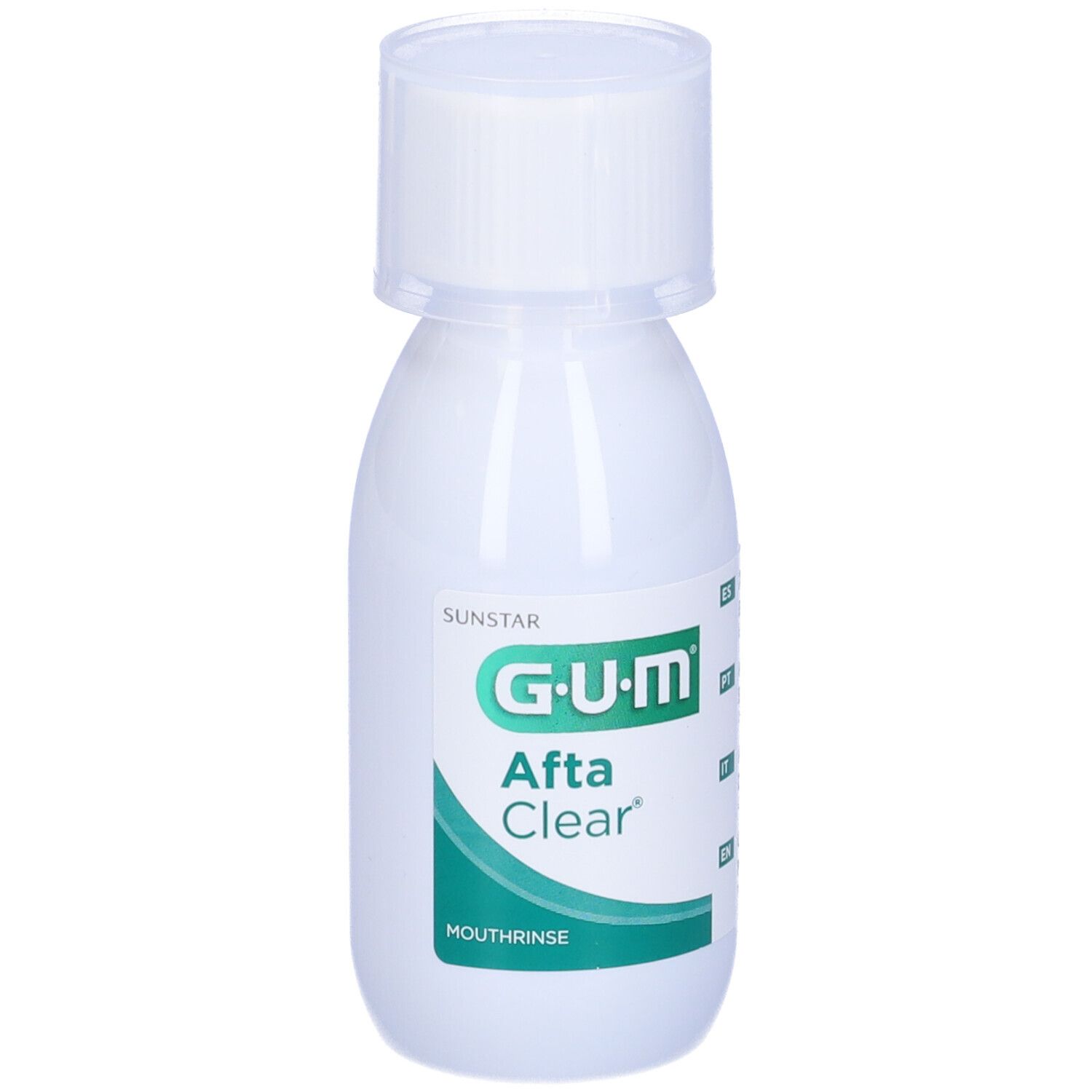 G.U.M Afta Clear collutorio. Flacone bianco con tappo bianco ed etichetta verde. Vista del prodotto.