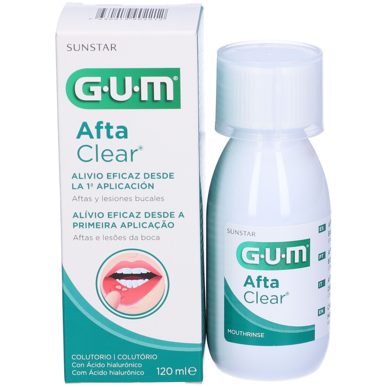 G.U.M Afta Clear collutorio e confezione. Flacone bianco con etichetta verde. Scatola con immagine del prodotto e testo.
