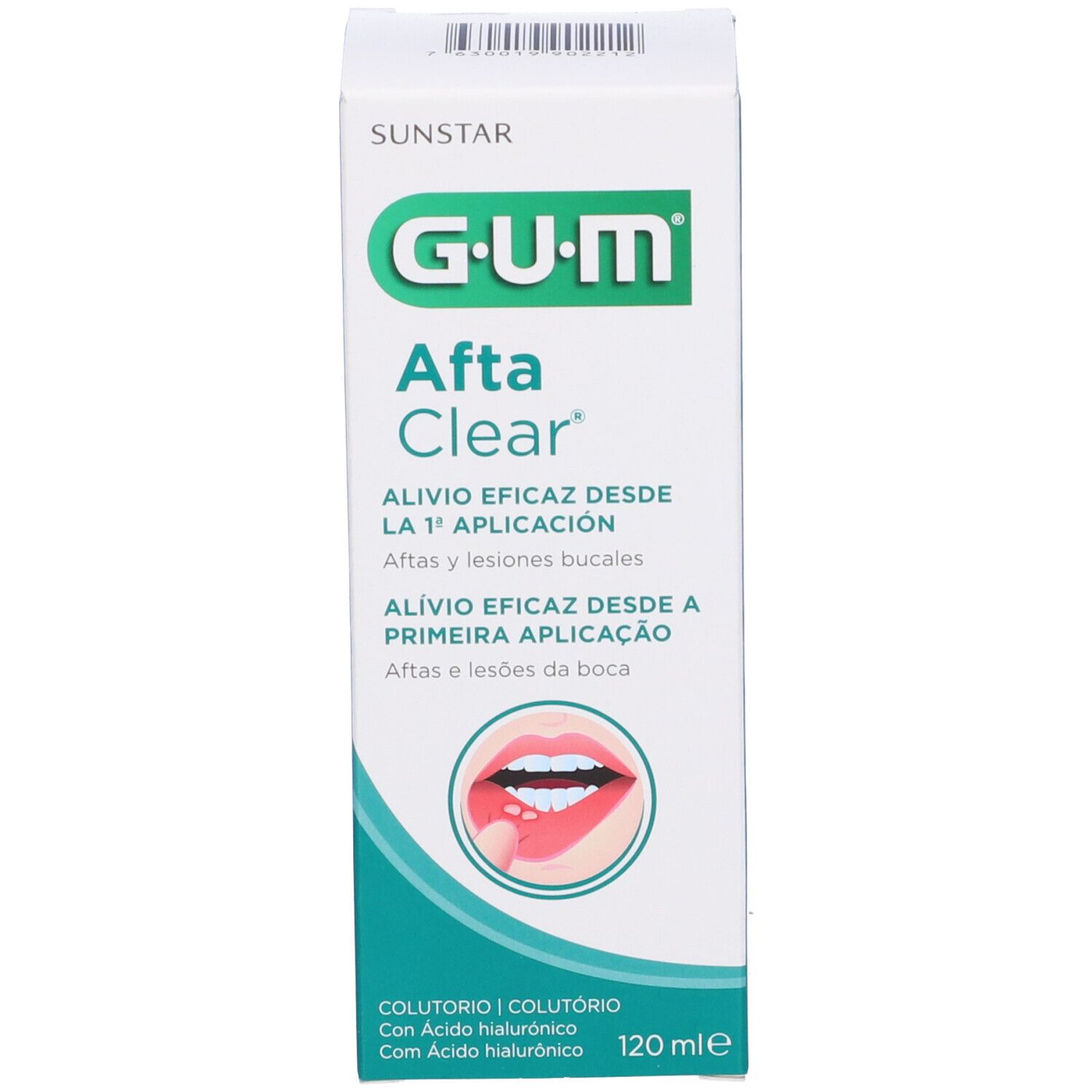 Confezione G.U.M Afta Clear. Scatola con immagine del prodotto e testo. 120 ml.