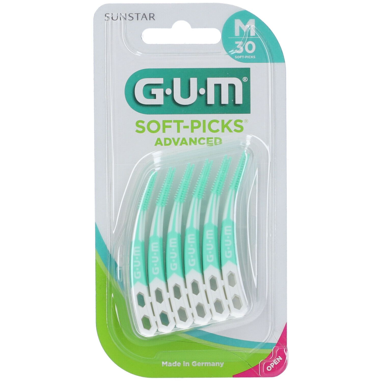 Confezione di GUM Soft-Picks Advanced. Contiene 30 pezzi. Setole verdi, manico bianco. Taglia M. Marchio GUM.