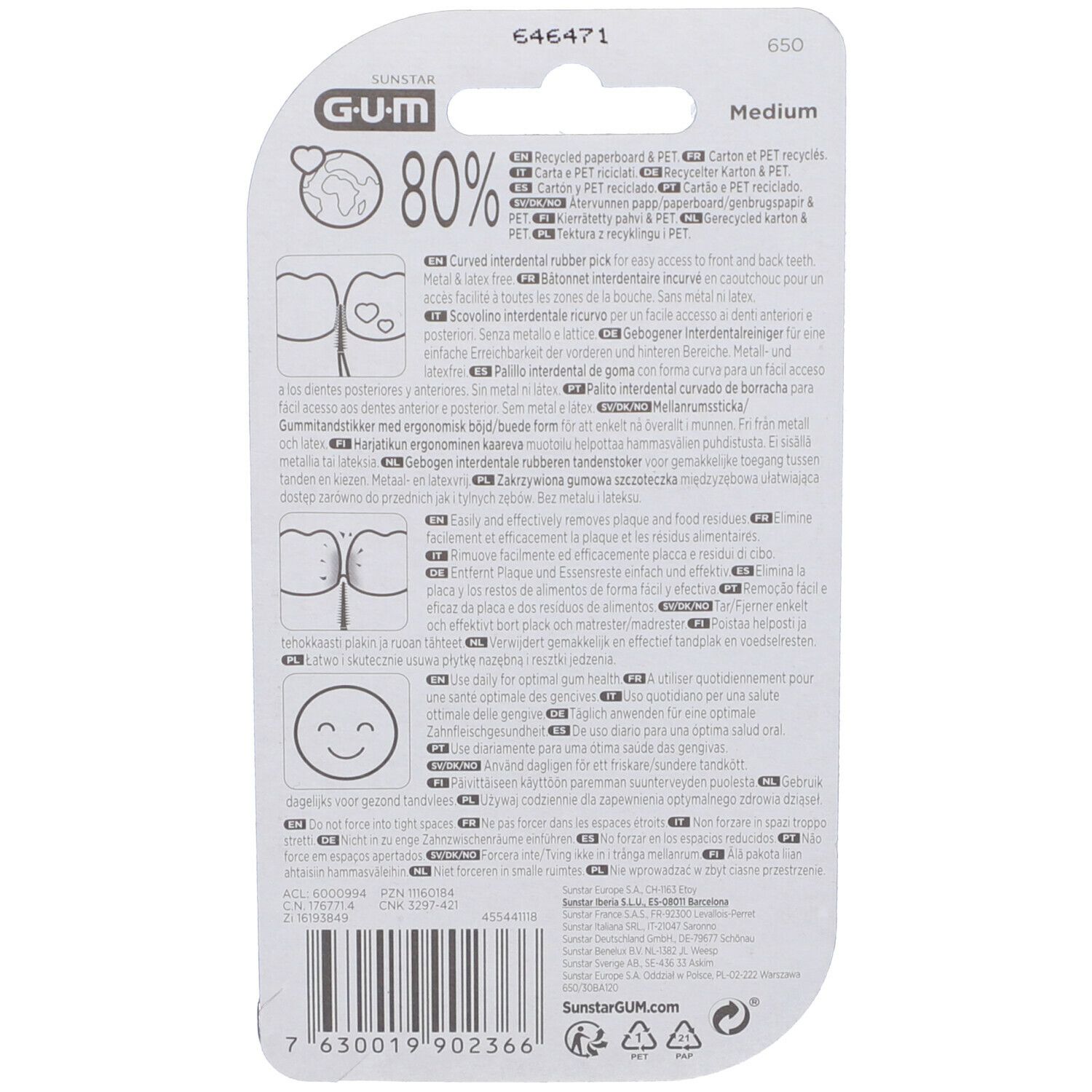 Retro della confezione di GUM Soft-Picks Advanced. Testo multilingue. Illustrazione di un dente e di una bocca.