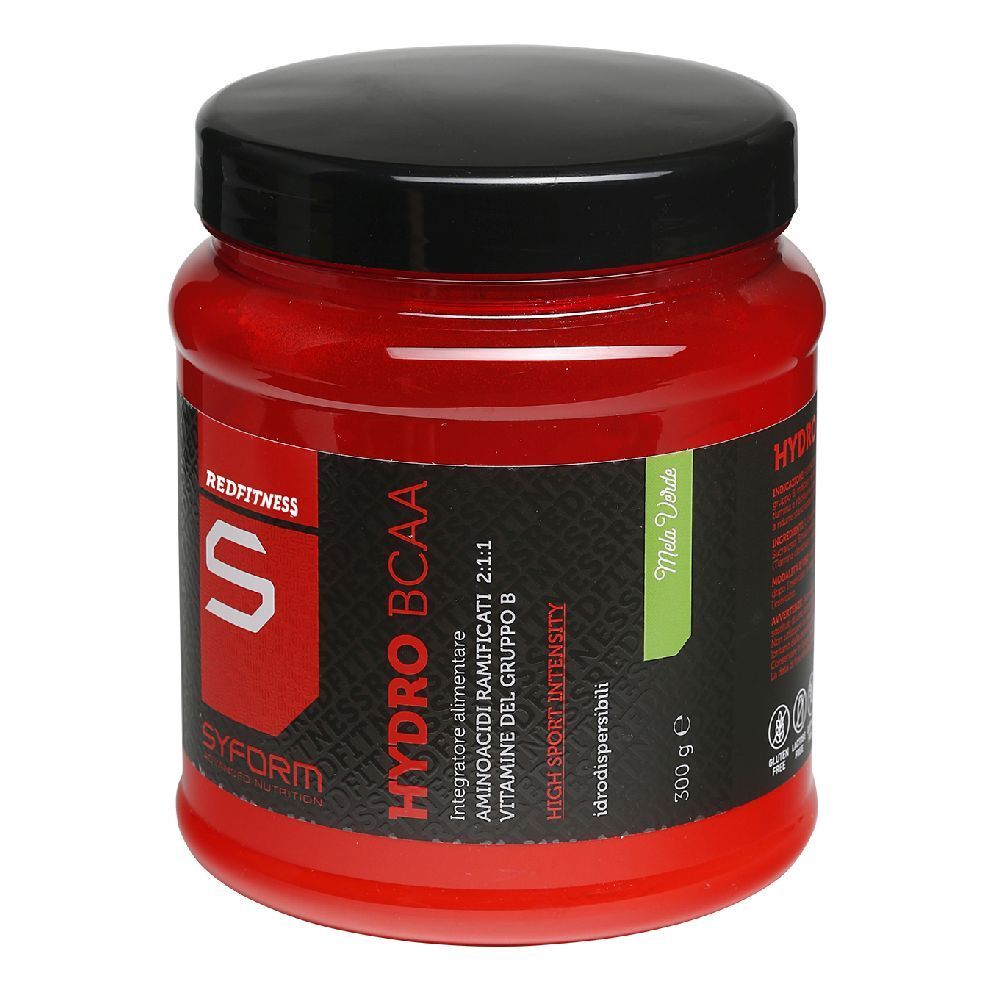 Barattolo rosso con coperchio nero. Scritta: HYDRO BCAA, SYFORM, Mela Verde. 300 g. Aminoacidi e vitamine.