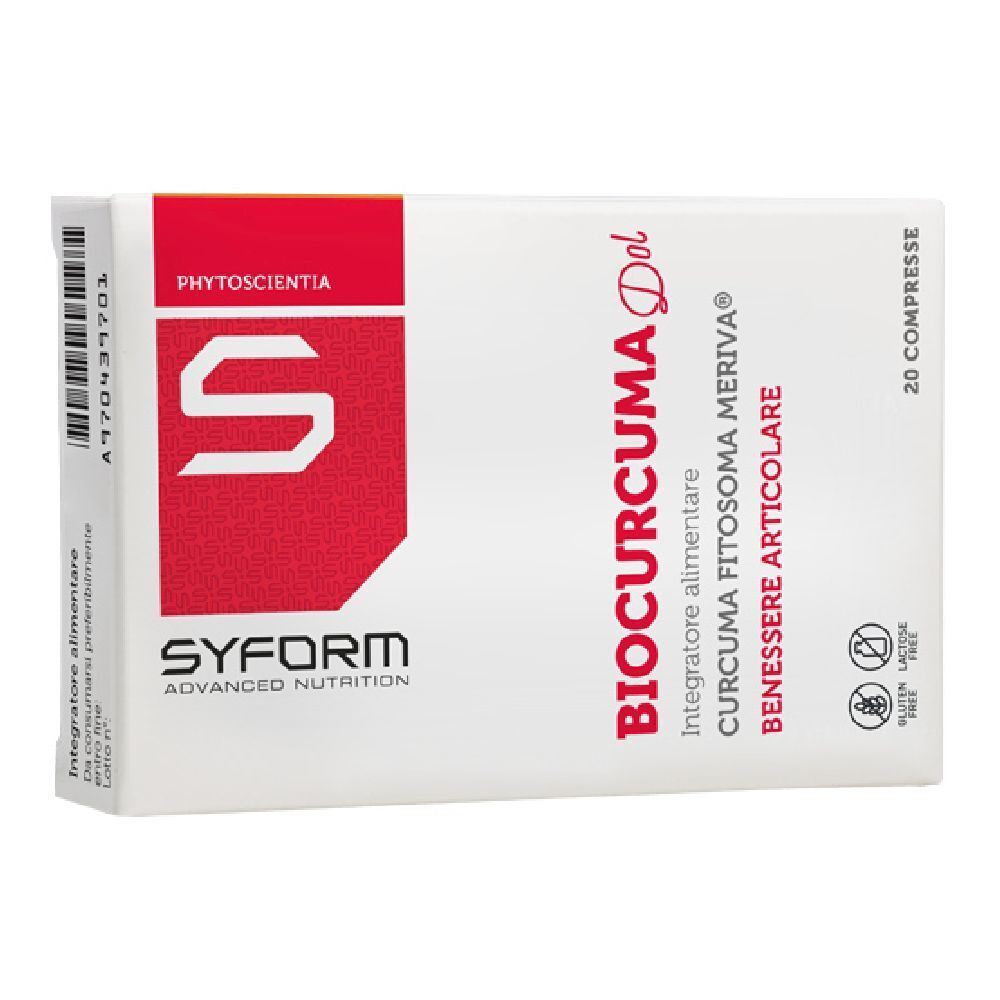 Confezione di Biocurcuma Dol. Contiene 20 compresse. Scritte: SYFORM, BIOCURCUMA Dol, CURCUMA FITOSOMA MERIVA®.
