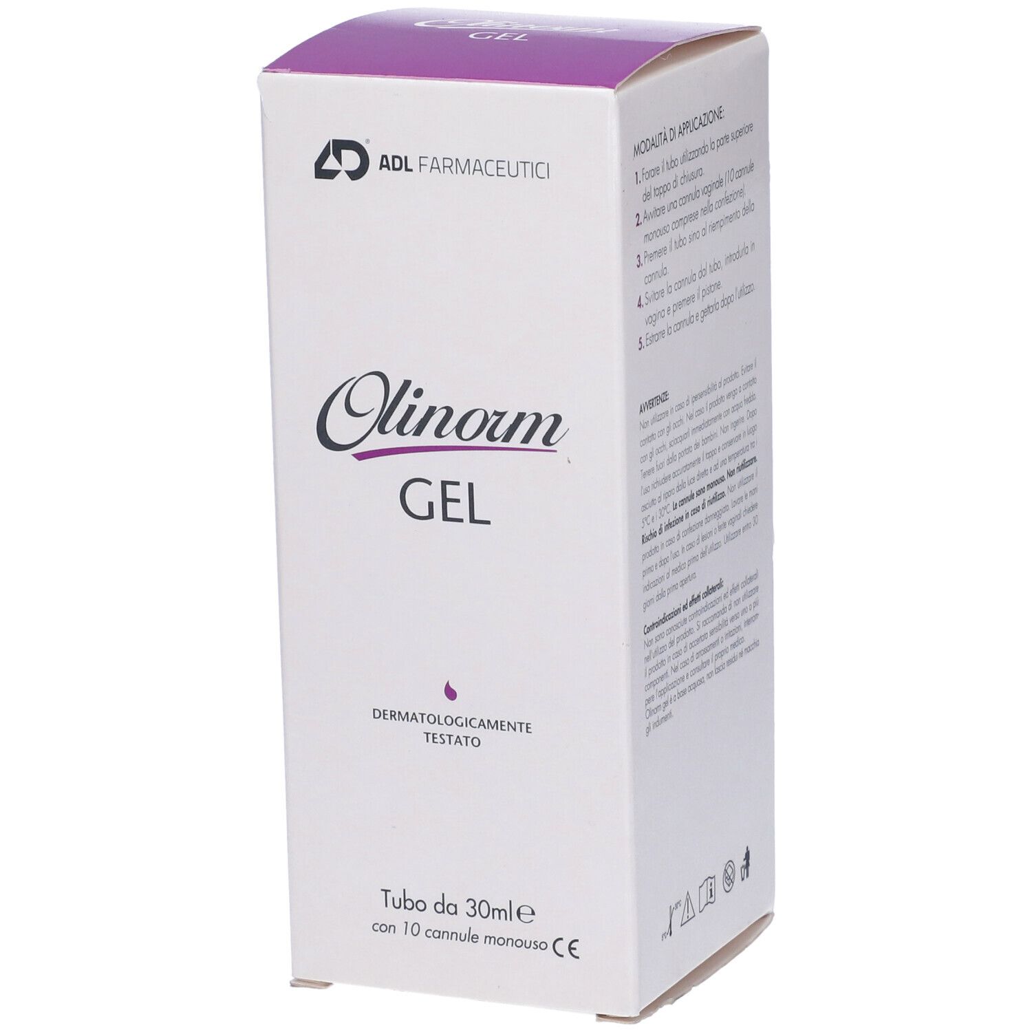 Olinorm Gel, confezione. Scatola bianca con accenti viola. Scritta Olinorm Gel. Dermatologicamente testato.