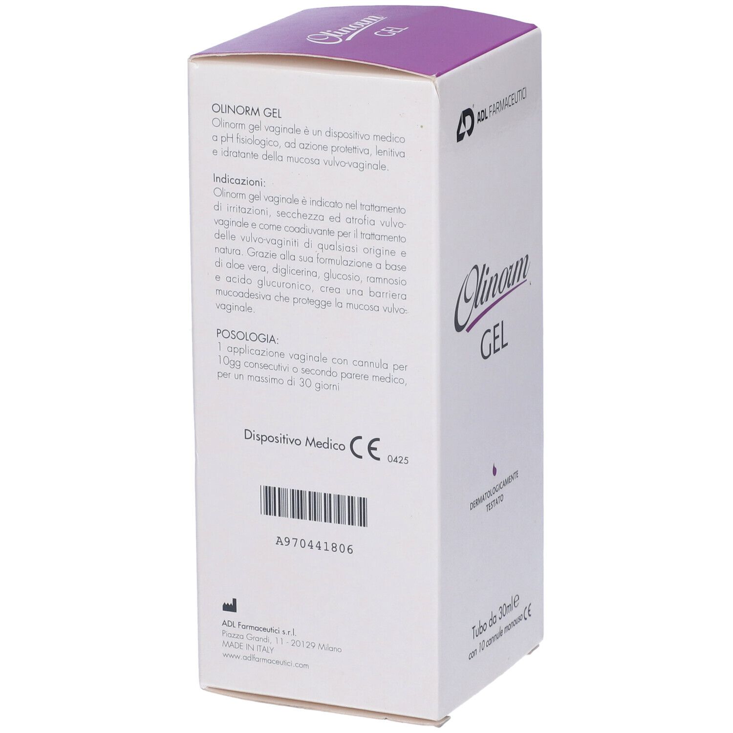 Olinorm Gel, confezione. Retro della confezione. Testo sul prodotto. Dispositivo medico CE.