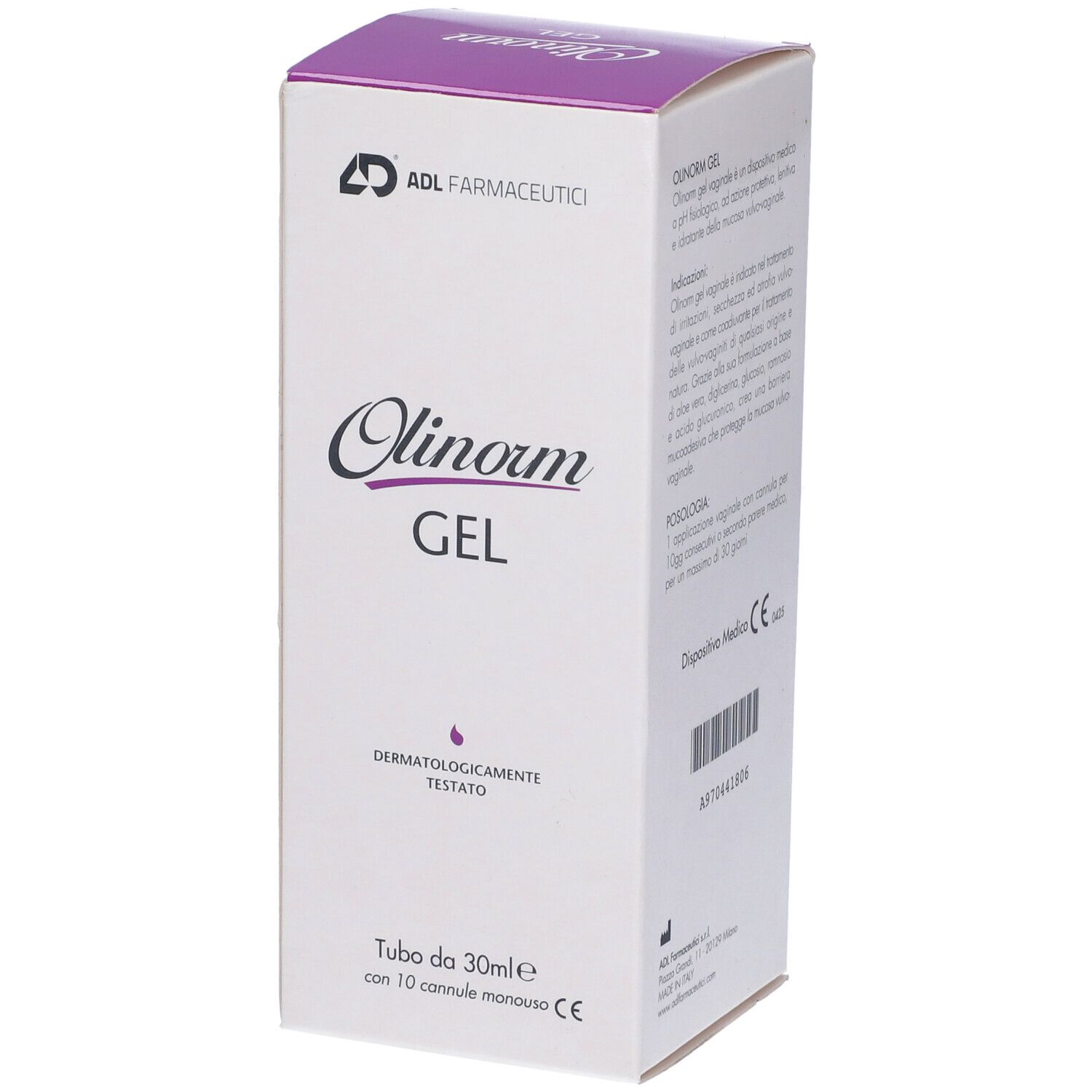 Olinorm Gel, confezione. Vista laterale della confezione. Testo sul prodotto. Dispositivo medico CE.