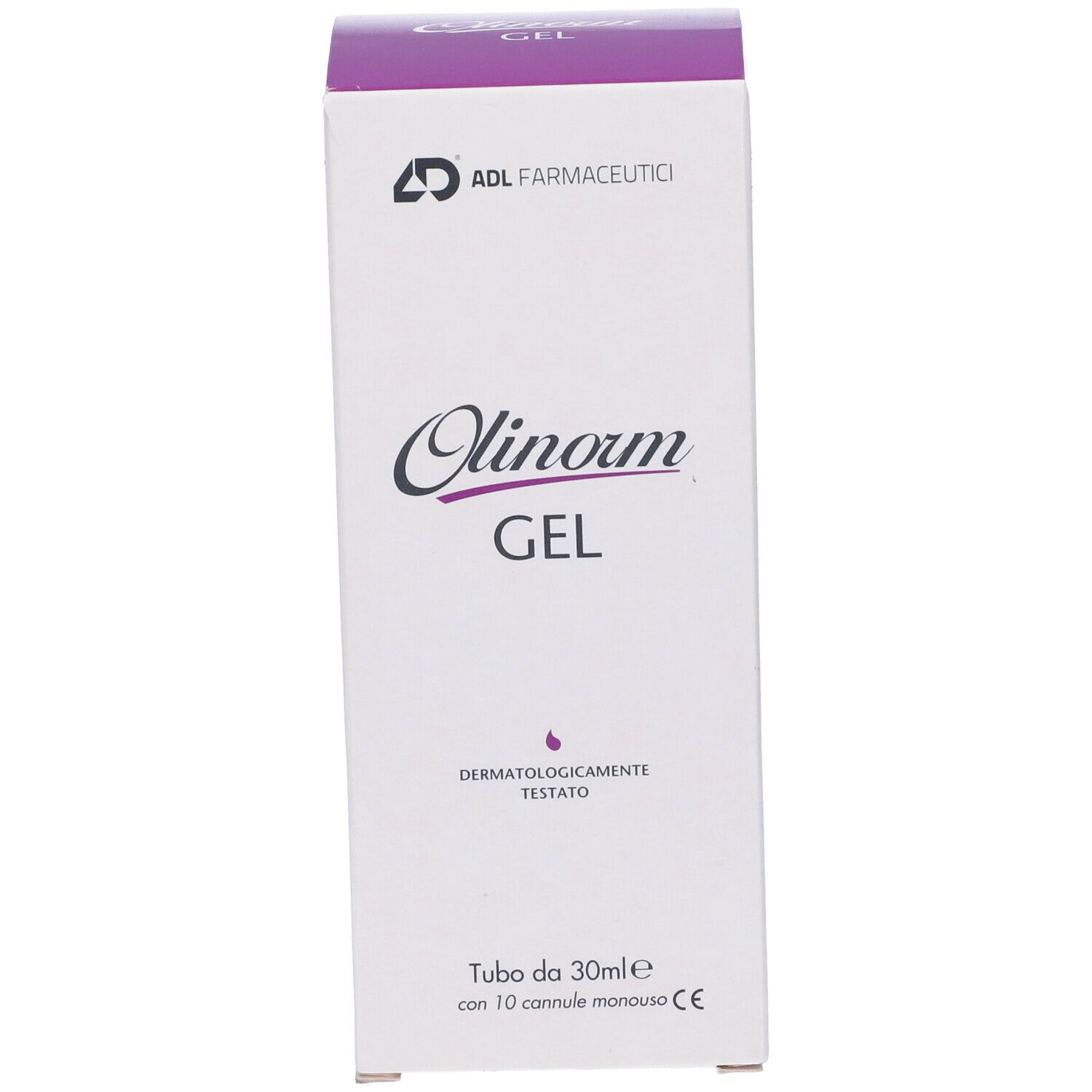 Olinorm Gel, confezione. Parte anteriore della confezione. Scritta Olinorm Gel. Dermatologicamente testato.