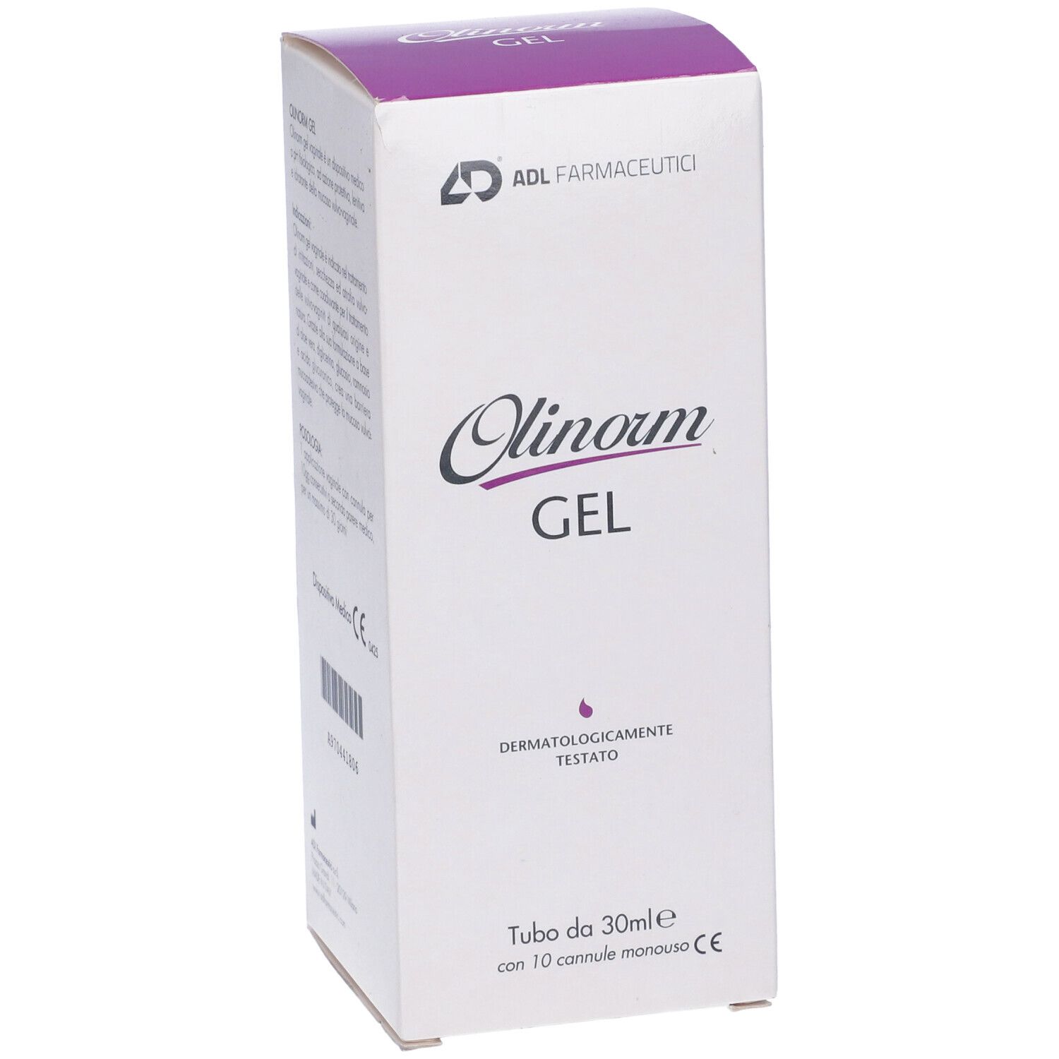 Olinorm Gel, confezione. Vista laterale della confezione. Scritta Olinorm Gel. Dermatologicamente testato.