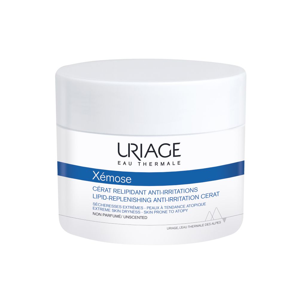 Vaso bianco con fascia blu. Scritta: URIAGE Xémose, Cérat relipidant anti-irritations.