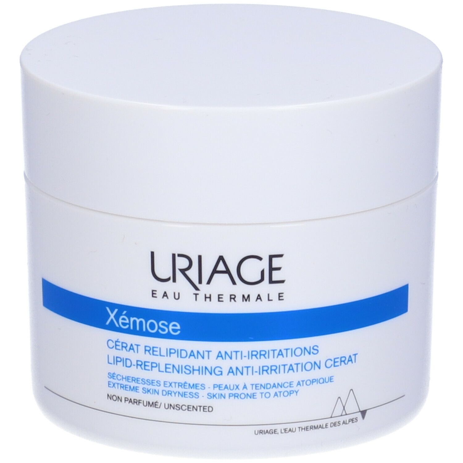 Vaso bianco con fascia blu. Scritta: URIAGE Xémose, Cérat relipidant anti-irritations.
