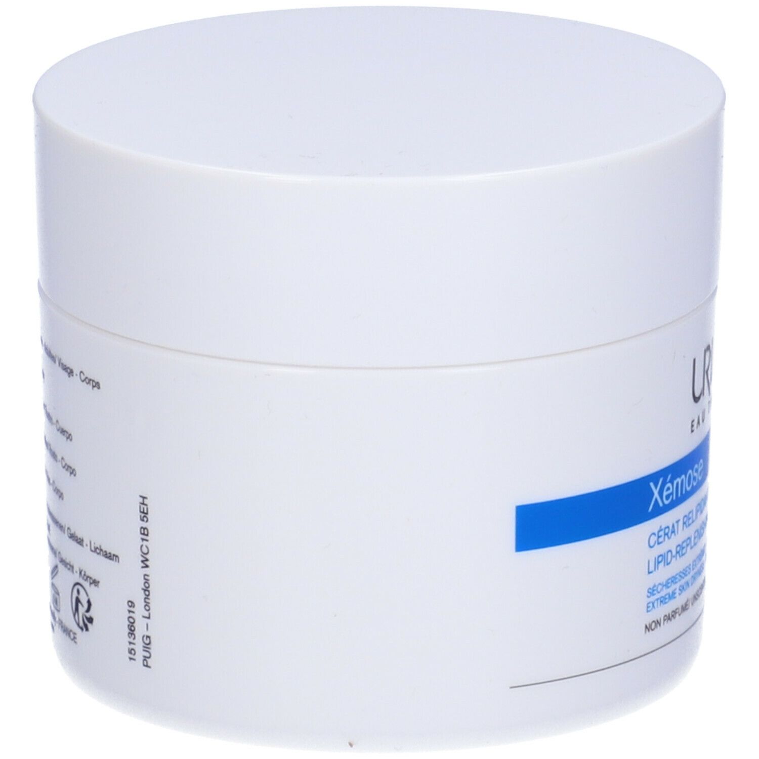 Retro del vaso bianco. Testo multilingue. Scritta: Xémose Cérat relipidant anti-irritations.