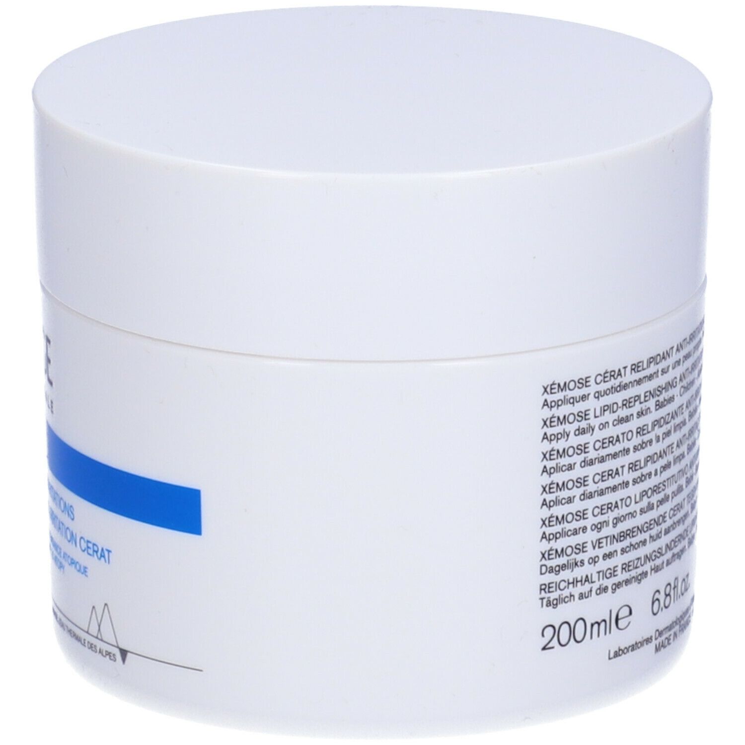 Retro del vaso bianco. Testo multilingue. Scritta: Xémose Cérat relipidant anti-irritations.