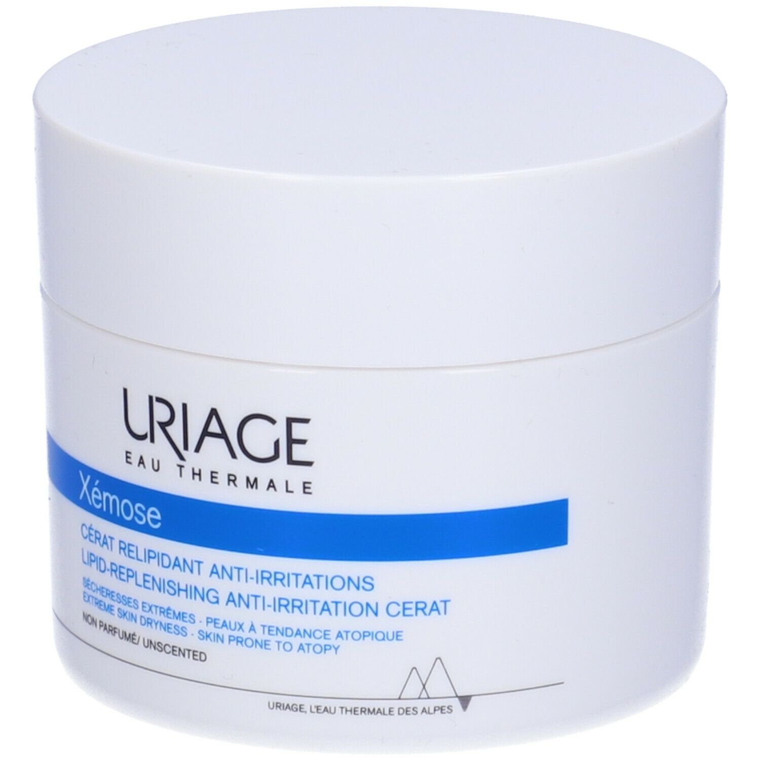 Vaso bianco con fascia blu. Scritta: URIAGE Xémose, Cérat relipidant anti-irritations.