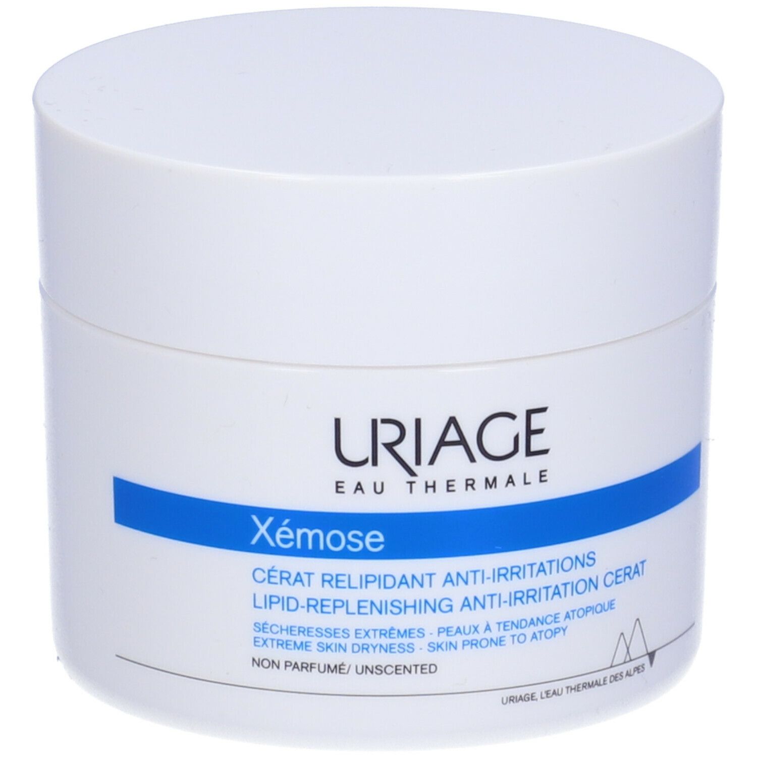 Vaso bianco con fascia blu. Scritta: URIAGE Xémose, Cérat relipidant anti-irritations.