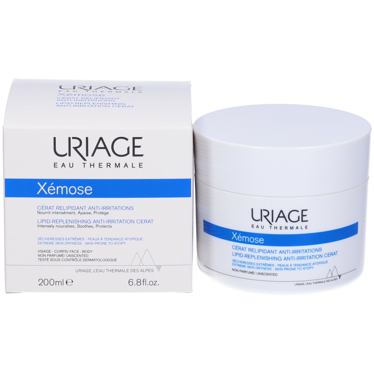 Vaso bianco e scatola. Scritta: URIAGE Xémose, Cérat relipidant anti-irritations.