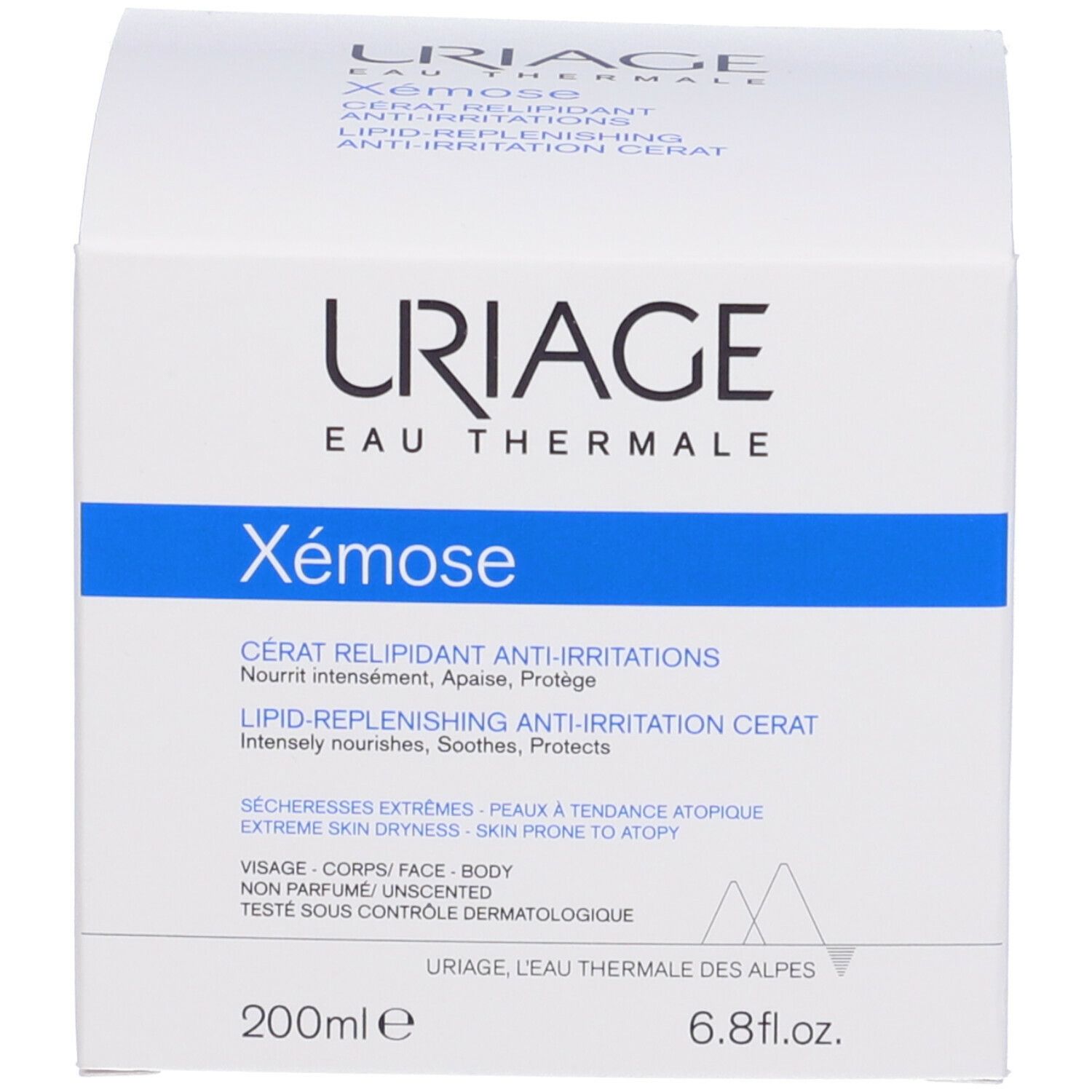 Scatola. Scritta: URIAGE Xémose, Cérat relipidant anti-irritations.