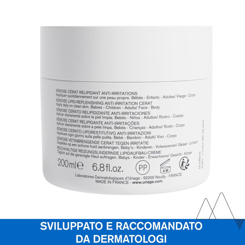Retro del vaso bianco. Testo multilingue. Scritta: Xémose Cérat relipidant anti-irritations.