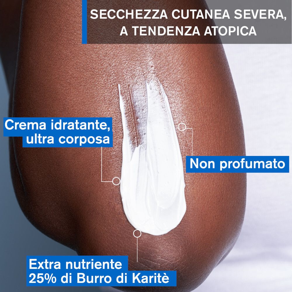 Pelle con crema. Testo: Creme idratante, ultra-corposa. 25% di Burro di Karité. Non profumato.