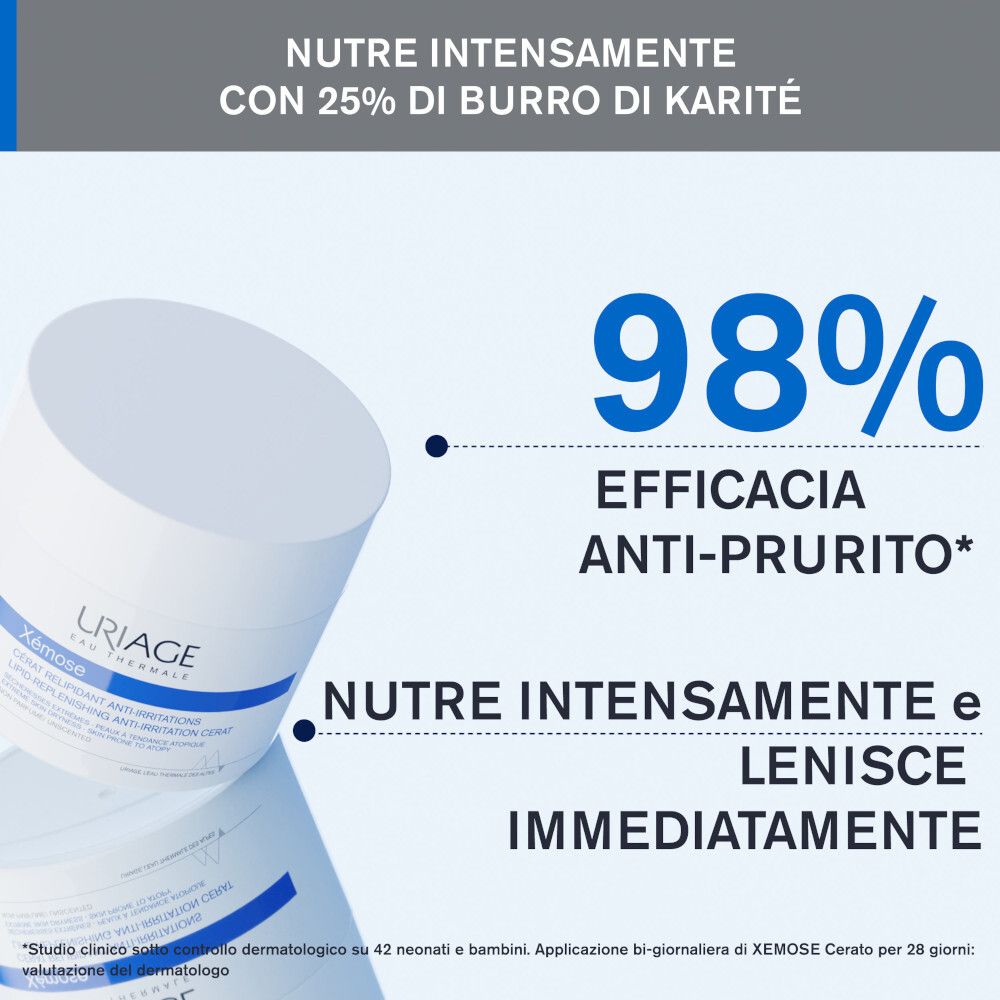 Vaso bianco con testo. Testo: Nutre intensamente con 25% di burro di Karité. 98% efficacia anti-prurito.