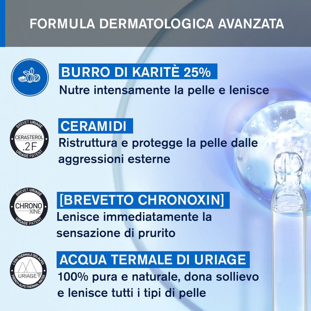Grafico con ingredienti. Testo: Burro di Karité 25%, Ceramidi, [Brevetto Chronoxin], Acqua Termale di Uriage.