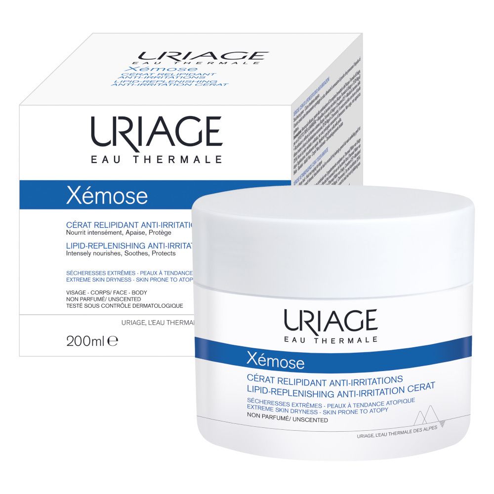 Vaso bianco e scatola. Scritta: URIAGE Xémose, Cérat relipidant anti-irritations.