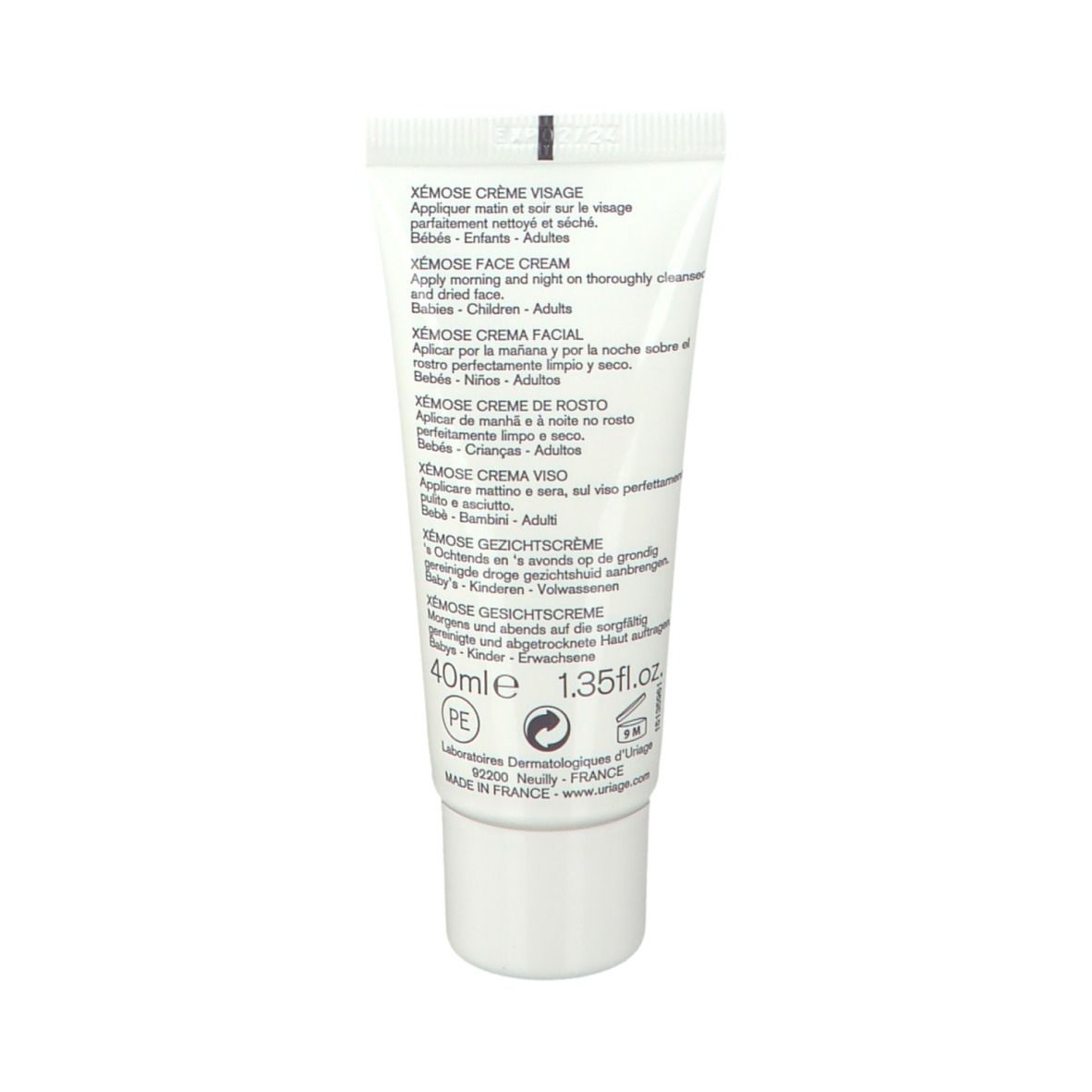 Retro del tubo Uriage Xémose. Testo multilingue. 40ml, 1.35 fl.oz. Prodotto in Francia.