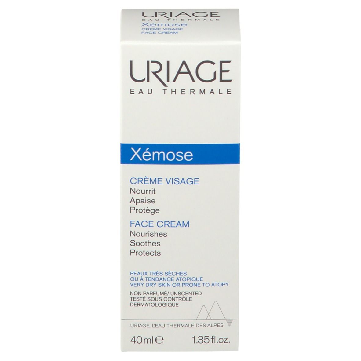 Confezione Uriage Xémose. Testo: Crème Visage, Face Cream, 40ml, 1.35 fl.oz.