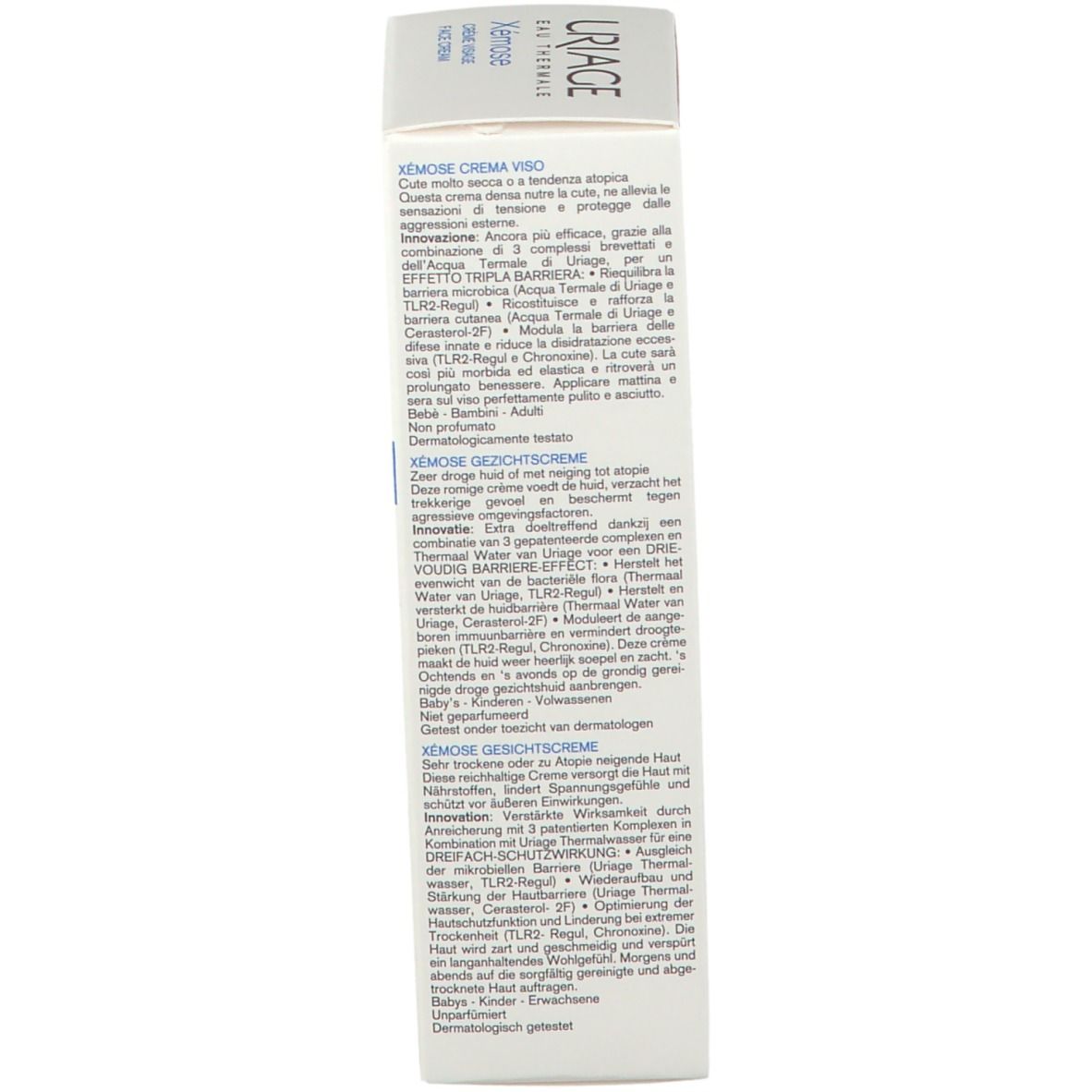 Retro della confezione Uriage Xémose. Testo multilingue. Dermatologicamente testato.
