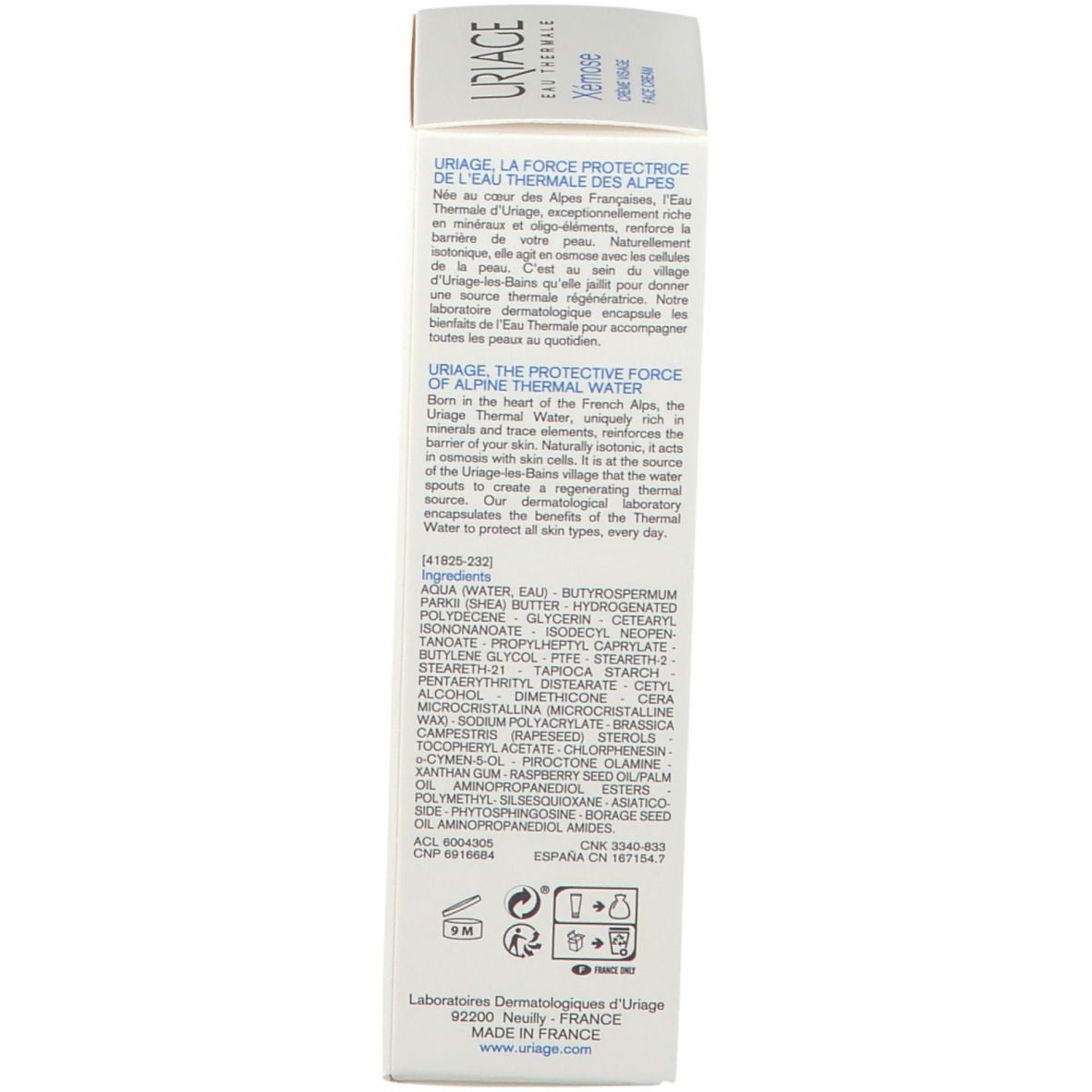 Lato della confezione Uriage Xémose. Testo: Ingredienti, informazioni produttore, Made in France.