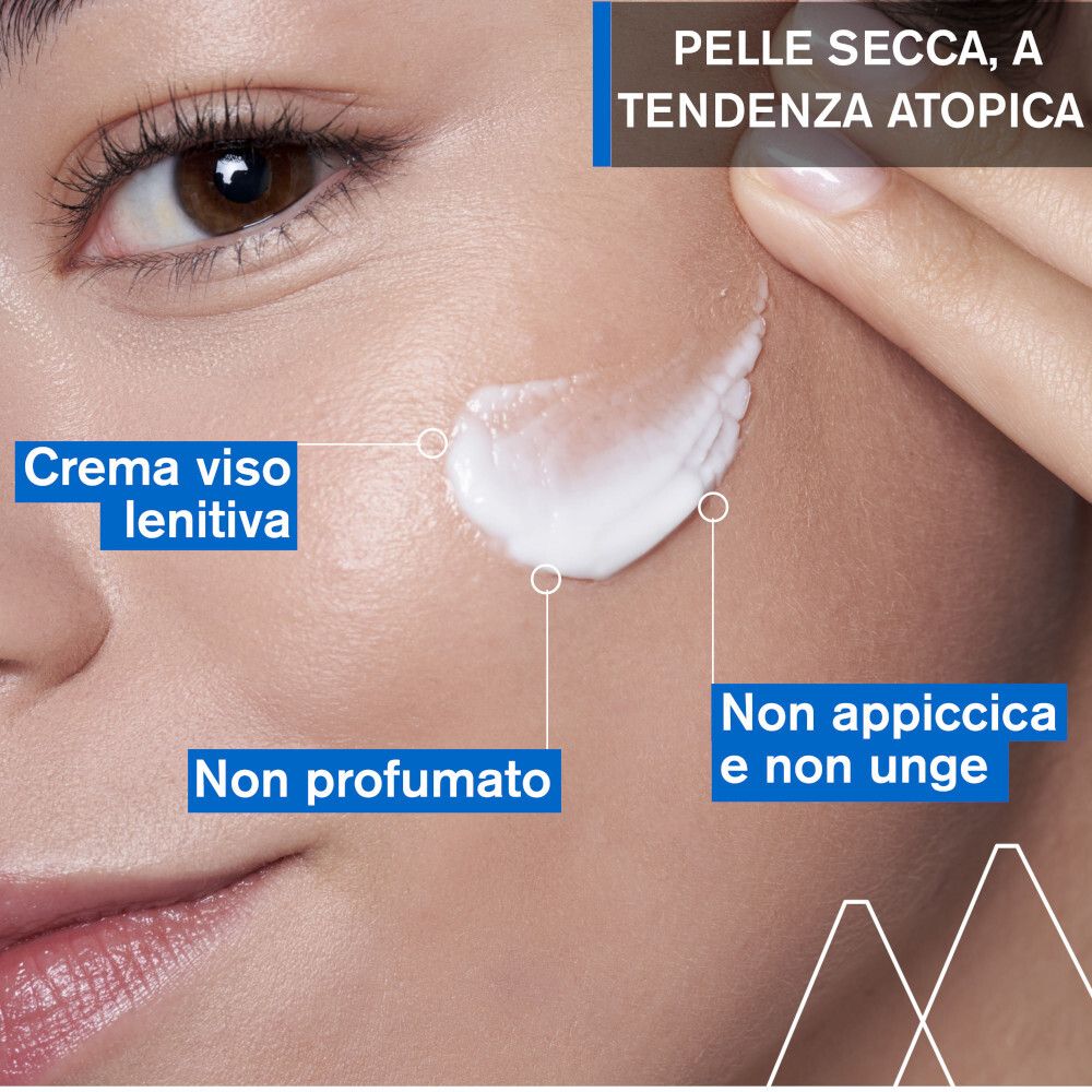 Pelle con crema applicata. Testo: Crema viso lenitiva, Non profumato, Non appiccica e non unge.