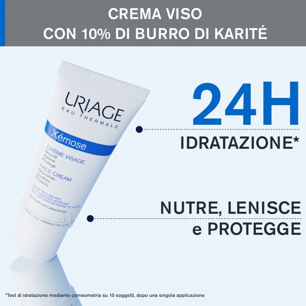 Tubo Uriage Xémose. Testo: Crème Visage, Face Cream. 24H Idratation. Nutre, lenisce e protegge.