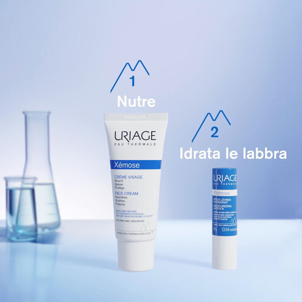 Tubo Uriage Xémose e balsamo labbra. Testo: Nutre, Idratare le labbra.