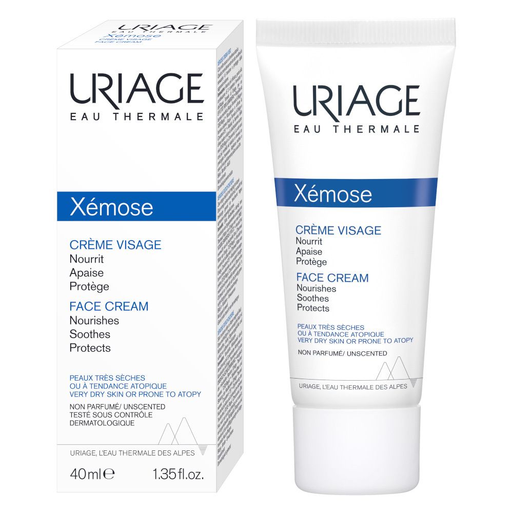 Tubo e confezione Uriage Xémose. Testo: Crème Visage, Face Cream, 40ml, 1.35 fl.oz.