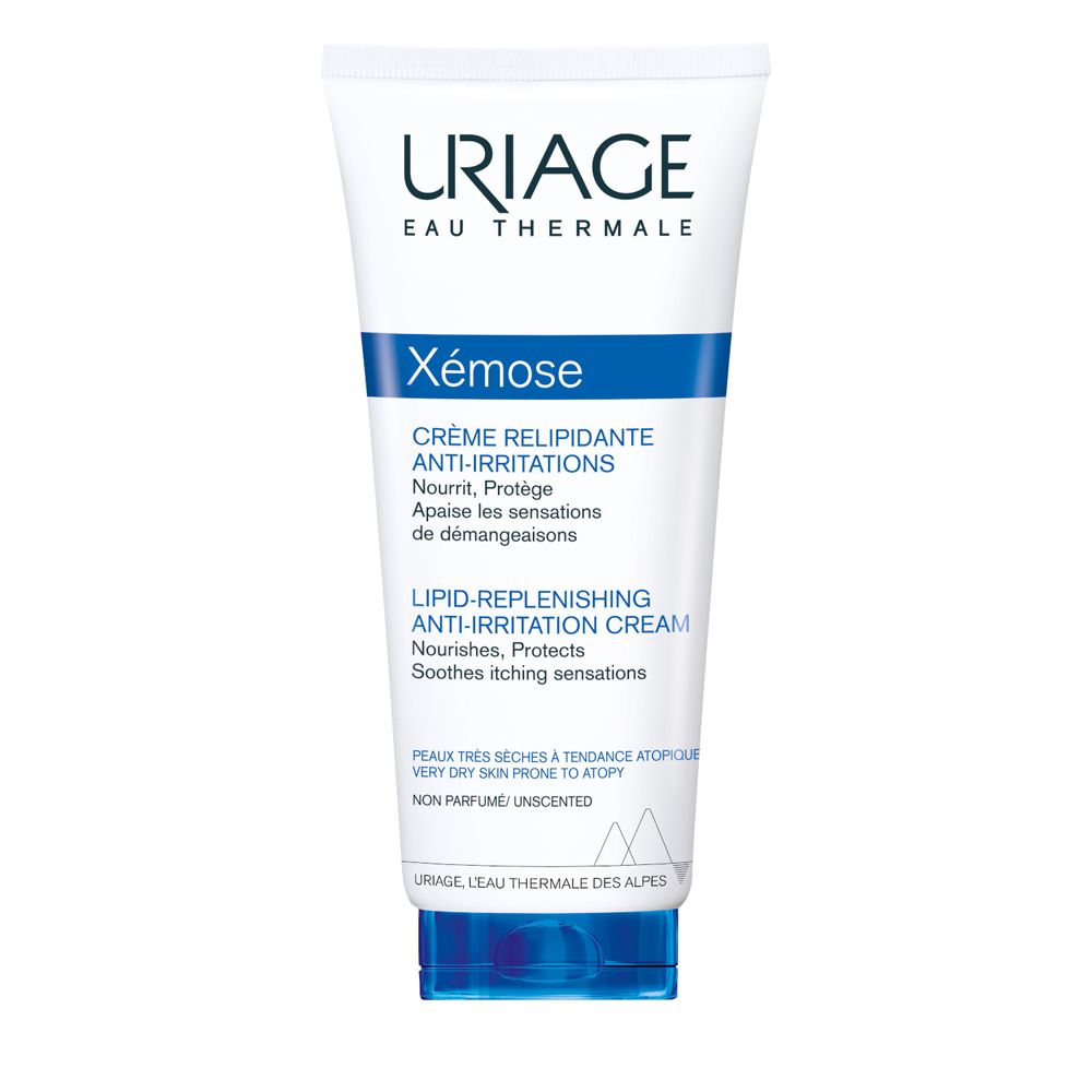 Tube blanc avec texte bleu. URIAGE, Xémose, Crème relipidante anti-irritations. Sans parfum.