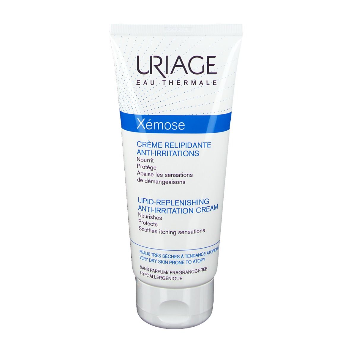 Tube blanc avec bouchon bleu. Texte : URIAGE, Xémose, Crème relipidante anti-irritations.