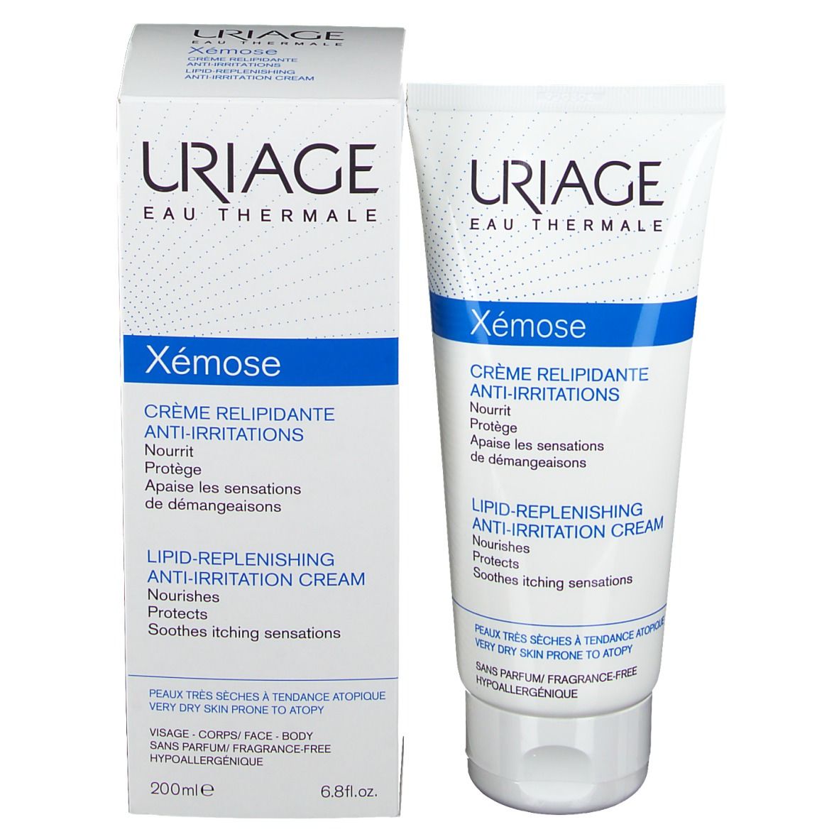 Emballage du produit. Tube et boîte. Texte : URIAGE, Xémose, Crème relipidante.