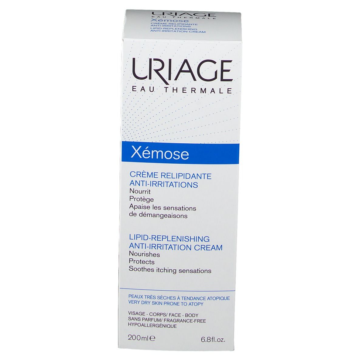 Emballage du produit. Boîte. Texte : URIAGE, Xémose, Crème relipidante anti-irritations.
