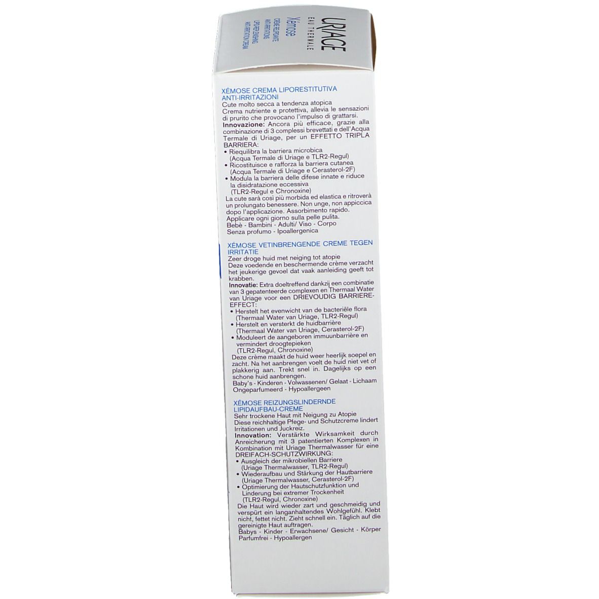 Côté de l'emballage du produit. Texte multilingue. Informations sur le produit.
