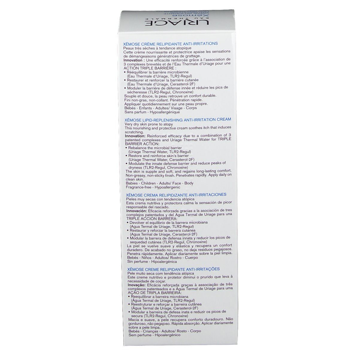 Côté de l'emballage du produit. Texte multilingue. Informations sur le produit.
