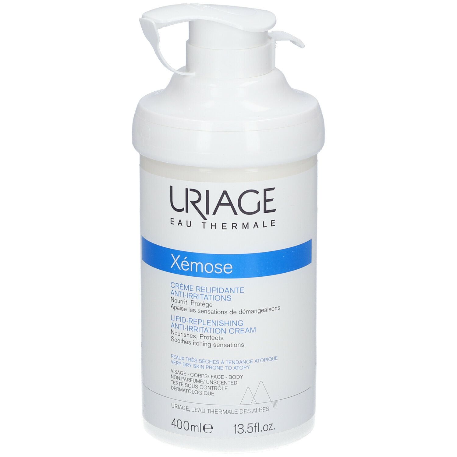 Flacone bianco con dosatore. Uriage Xémose Crème. Dettagli blu. 400ml.