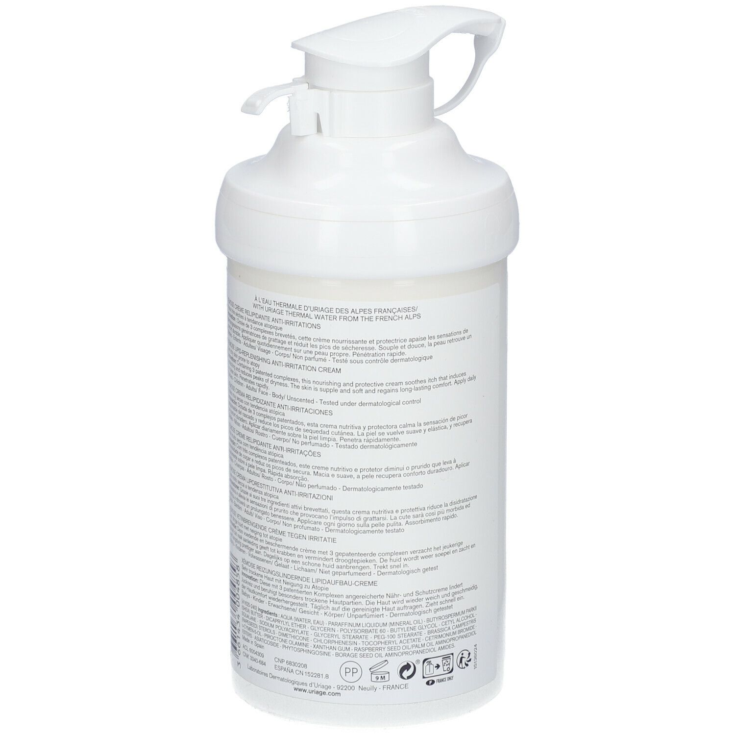Retro del flacone bianco con dosatore. Testo multilingue. Uriage Xémose Crème.