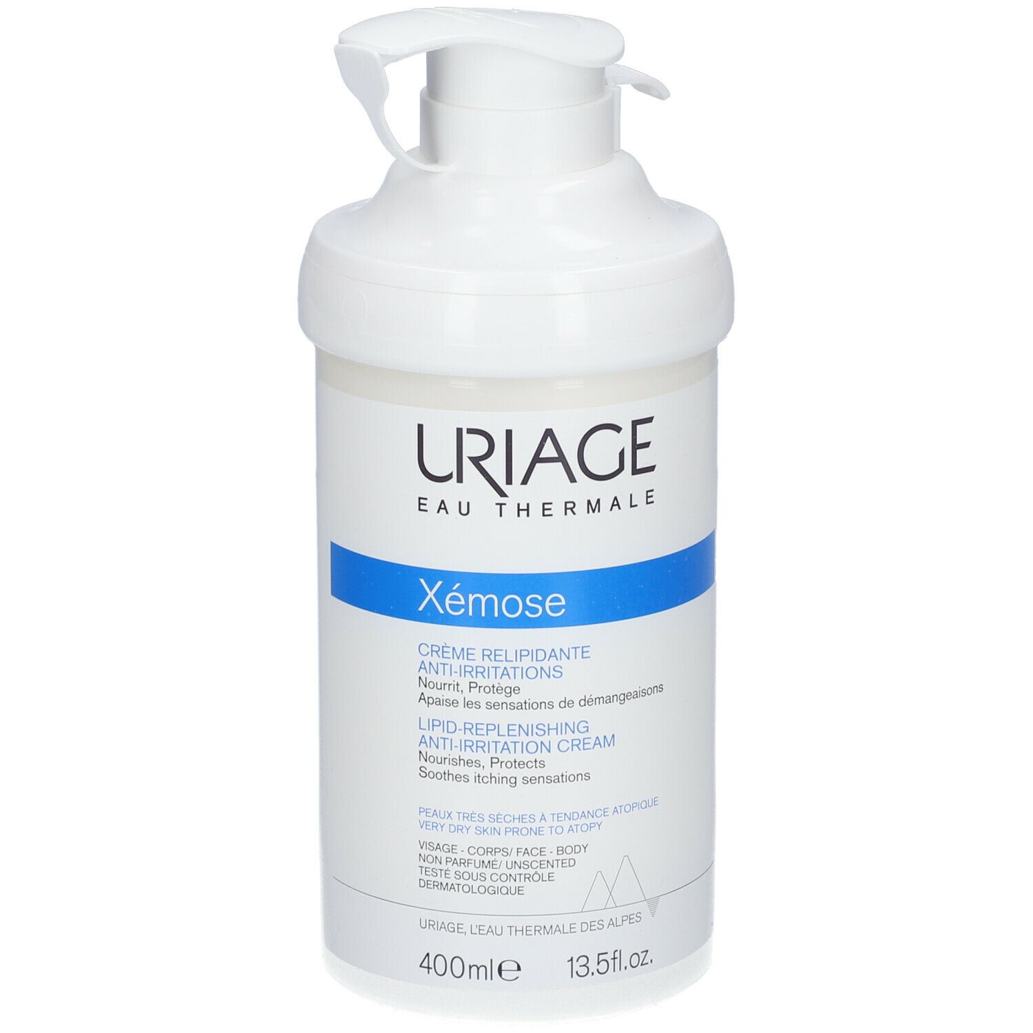 Flacone bianco con dosatore. Uriage Xémose Crème. Dettagli blu. 400ml.