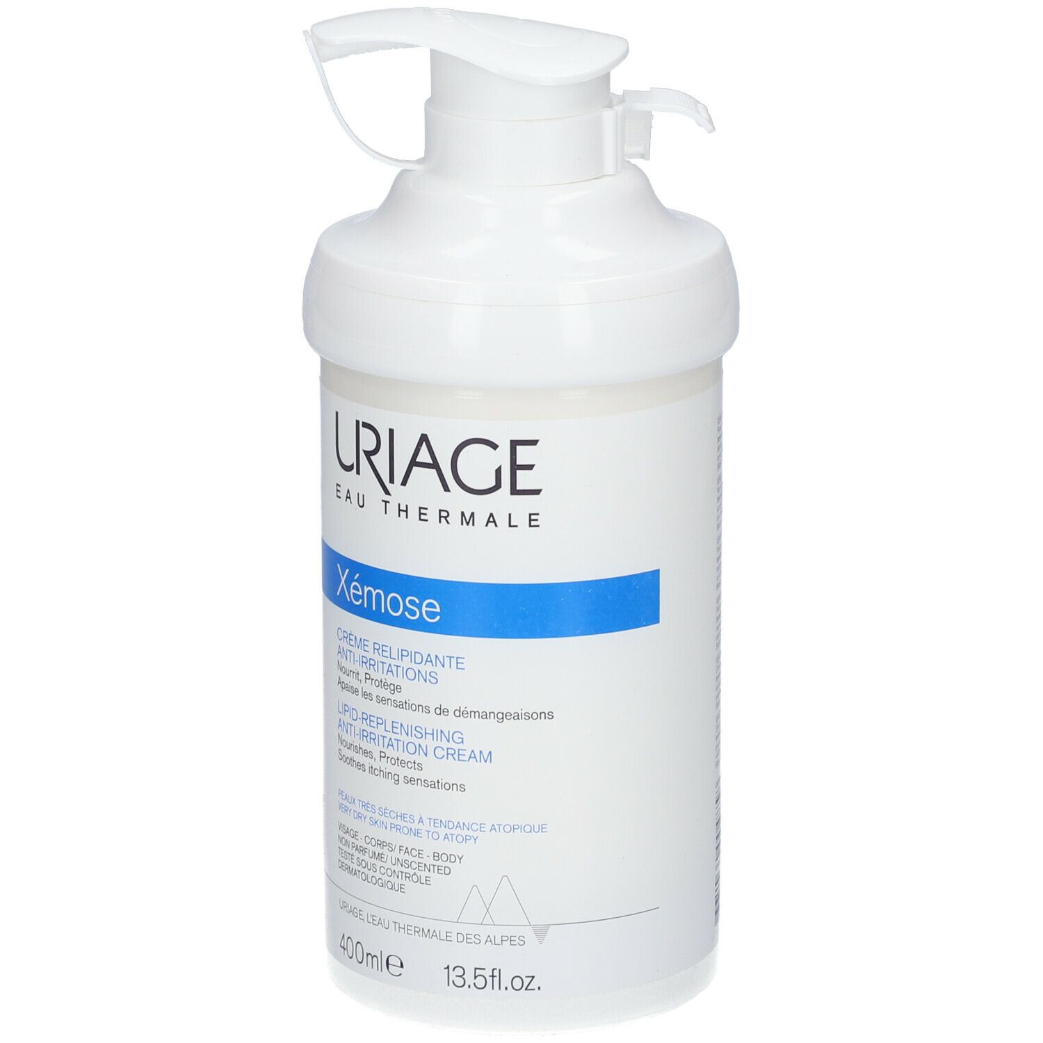 Flacone bianco con dosatore. Uriage Xémose Crème. Dettagli blu. 400ml.