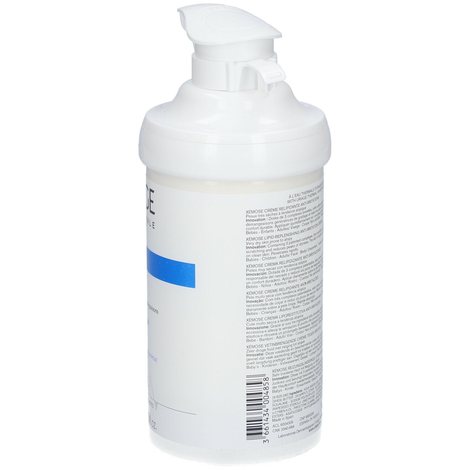 Retro del flacone bianco con dosatore. Testo multilingue. Uriage Xémose Crème.